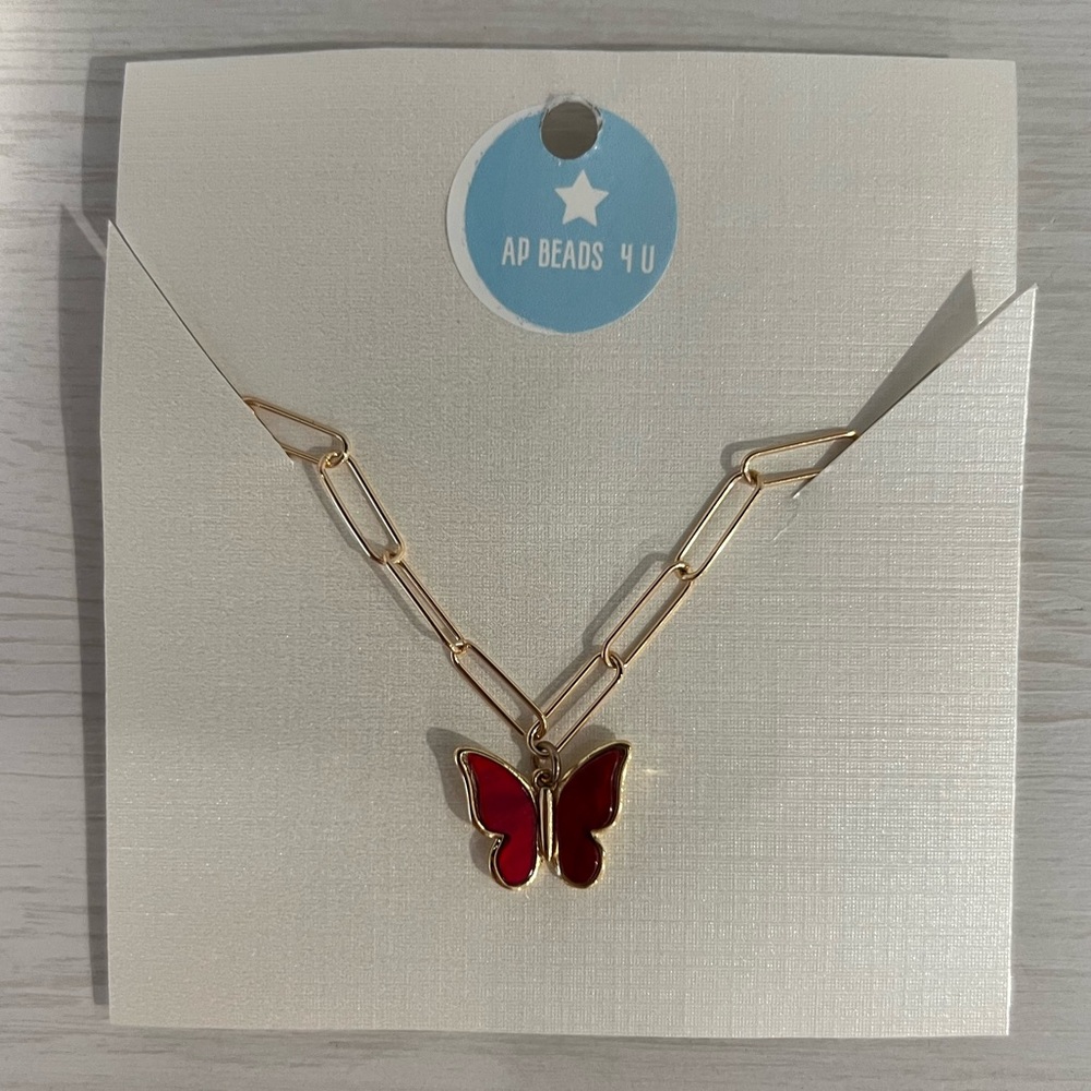 AP Beads 4 U paperclip gold and maroon butterfly necklace